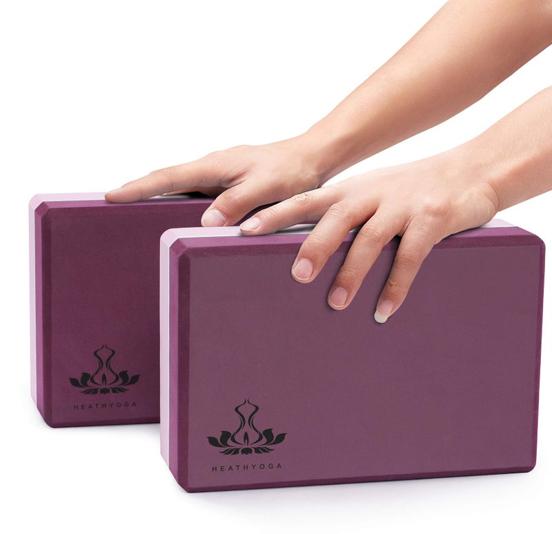 Heathyoga Yoga Blocks 2 Pack with Strap, High Density EVA Foam Yoga Block and Yoga Strap Set to Support and Improve Poses and Flexibility (Purple) - Image 2